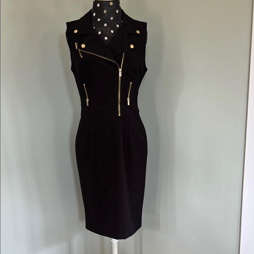 Calvin Klein Black and Gold Asymmetrical Sheath Mini Dress
